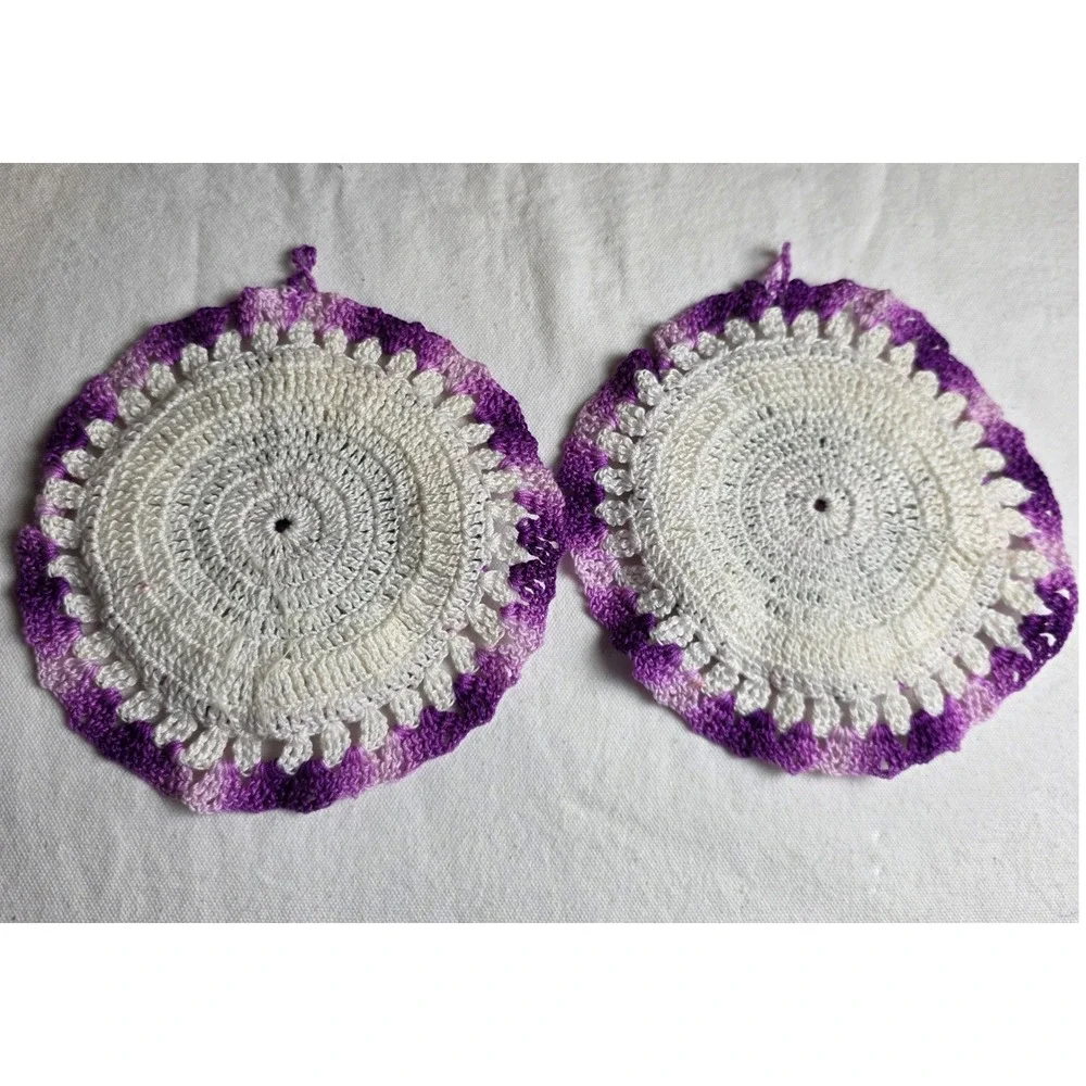 Handmade Crochet Potholders Set of 2 Purple White Floral Rose Pinwheel Hot Pads